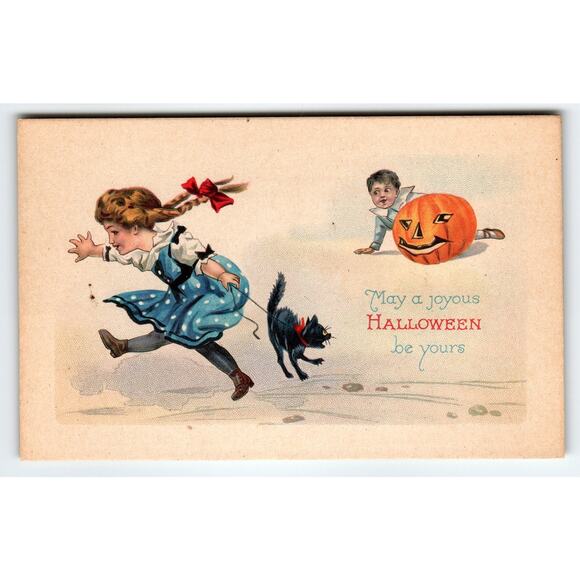 Vintage 1907-1915 Halloween Postcard Girl, Cat & Pumpkin Lithograph - Picture 1 of 2